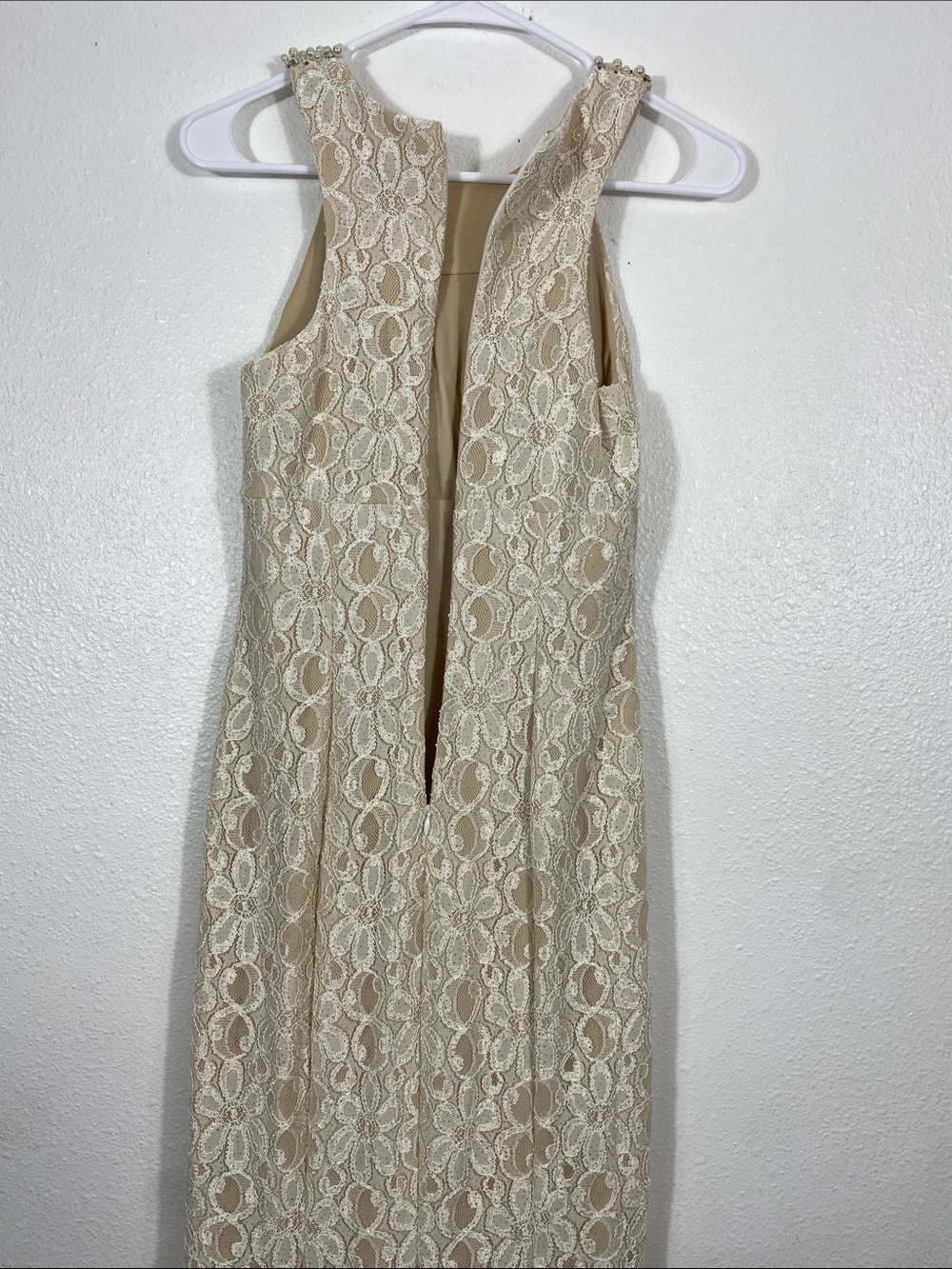 Cachet Beaded Halter Lace Maxi Gown in Ivory and Blush Size 2 - Picture 7 of 15